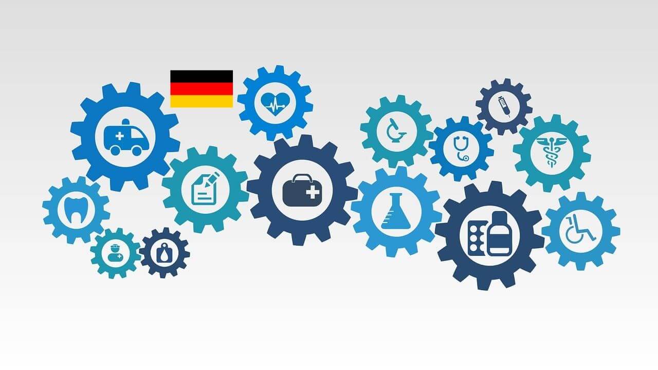 Ilustración  iconos médicos y bandera de Alemania