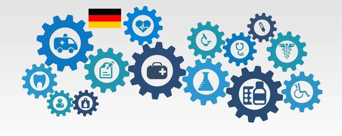 Ilustración con iconos médicos y bandera de Alemania